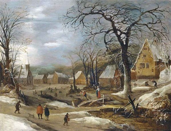 A Winter Landscape With Figures By A Frozen River In A Village Oil Painting by Frans de Momper