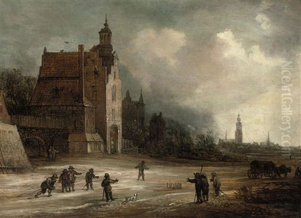 Soldiers Playing Skittles On A Road By A Manor House, A View Of Breda Beyond Oil Painting by Frans de Momper