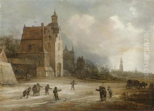 Ansicht Auf Antwerpen Mit Personen Beim Kegelspiel Oil Painting by Frans de Momper