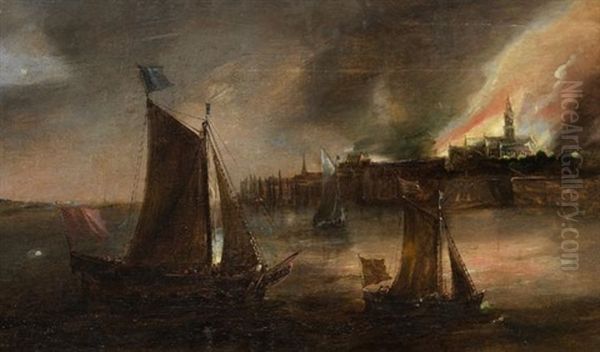 Nachtliche Flusslandschaft Mit Segelboot Vor Einer Stadt Oil Painting by Frans de Momper