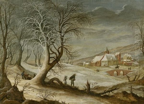 Winterlandschaft Mit Blick Auf Ein Dorf Und Holzsammlern Im Vordergrund Oil Painting by Frans de Momper