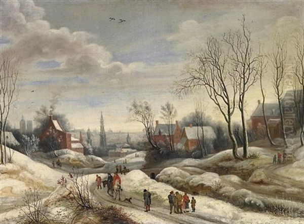 Blick Auf Verschneite Stadtlandschaft, Vorn Reisende Auf Einem Feldweg Oil Painting by Frans de Momper