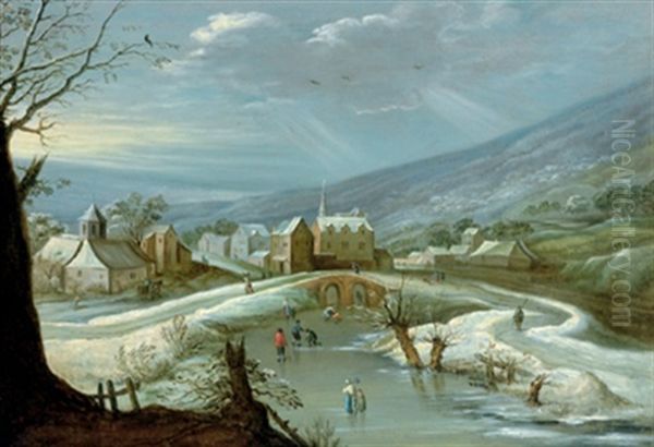 Ein Dorf Im Winter Mit Schlittschuhlaufern Auf Einem Zugefrorenem Wasserlauf Oil Painting by Frans de Momper