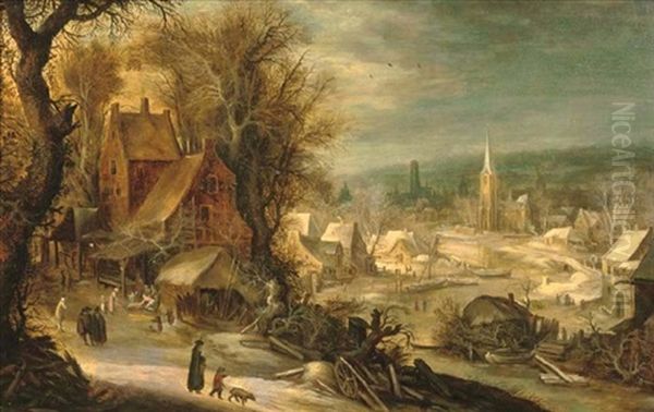 A Winter River Landscape With Figures On The Outskirts Of A Village, A Town Beyond by Frans de Momper