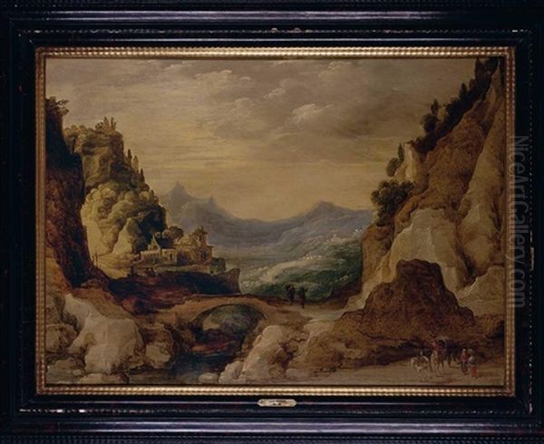 A Mountainous Landscape With A Three-horse Cart In The Foreground, Travellers Beside A Bridge And A Clifftop Town Beyond Oil Painting by Frans de Momper