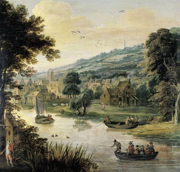 Heuvelachtig Landschap Met Dorp Aan Een Rivier Oil Painting by Frans de Momper