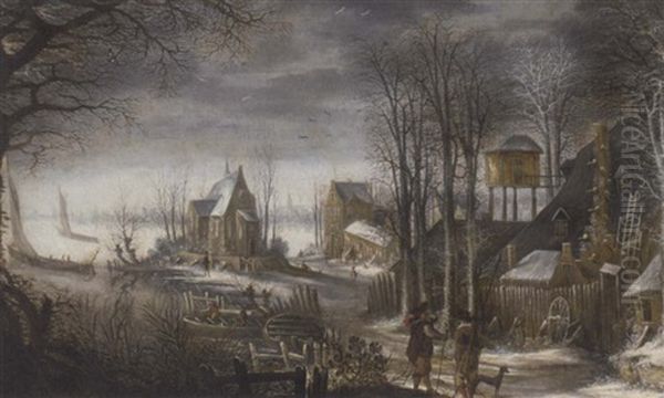 A Winter Landscape With A Village On A Lake Oil Painting by Frans de Momper