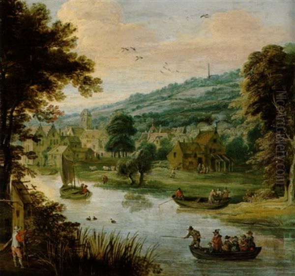 Dorf An Einem Fluss Mit Booten Und Figuren Oil Painting by Frans de Momper