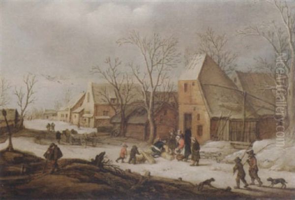 A Winter Landscape With Faggot Gatherers In A Village Street Oil Painting by Frans de Momper