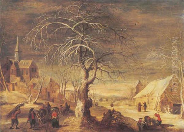 A Winter Landscape With Travellers And A Faggot Gatherer On A Track, A Village And Woodcutters Beyond Oil Painting by Frans de Momper