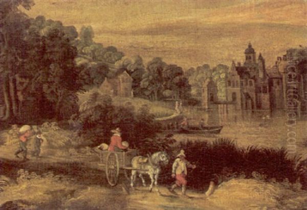 River Landscape With Waggoners On A Path, A Manor House Beyond Oil Painting by Frans de Momper