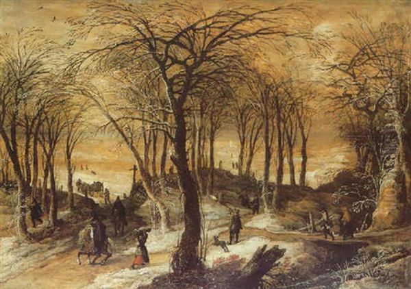 A Wooded Winter Landscape With Travellers, A Hunter And Men On Horseback, Figures In The Distance Oil Painting by Frans de Momper