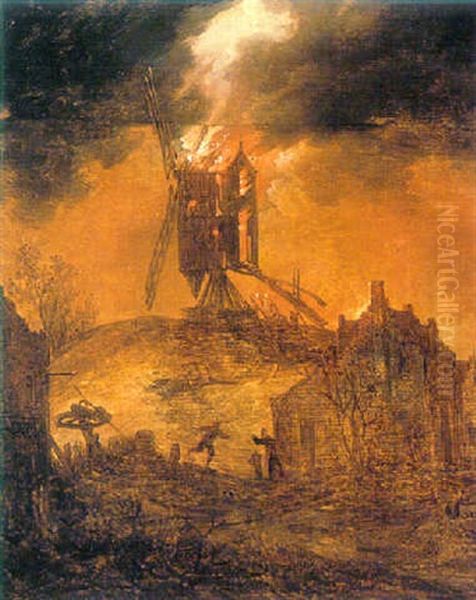 A Burning Mill By Night Oil Painting by Frans de Momper