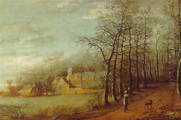 A Sportsman And His Dog On A Tree-lined Road, A Mansion On A Lake Beyond Oil Painting by Frans de Momper