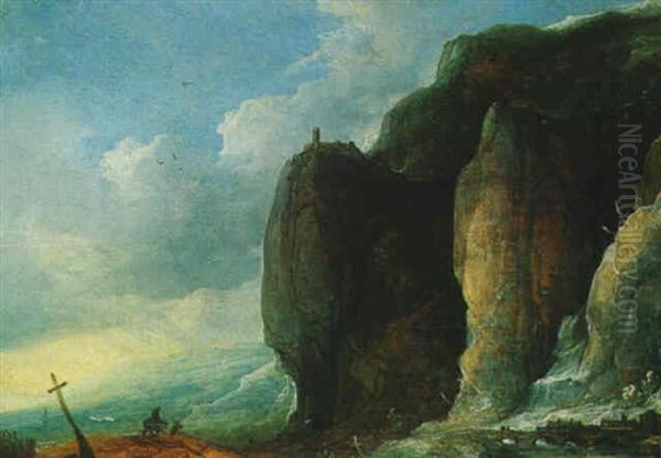 Paysage Des Alpes Avec Voyageurs Au Pied D'un Rocher Oil Painting by Frans de Momper