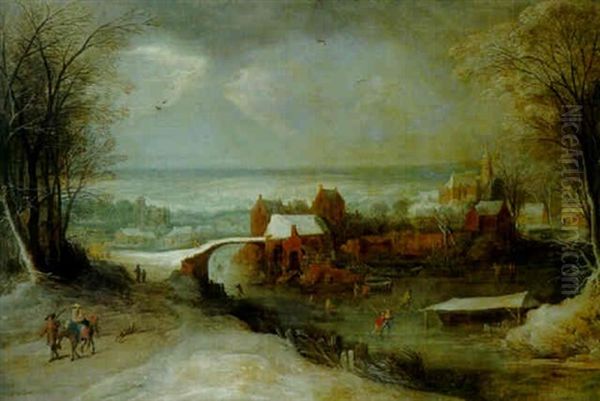 A Town In Winter With Townsfolk And The Flight Into Egypt Oil Painting by Frans de Momper