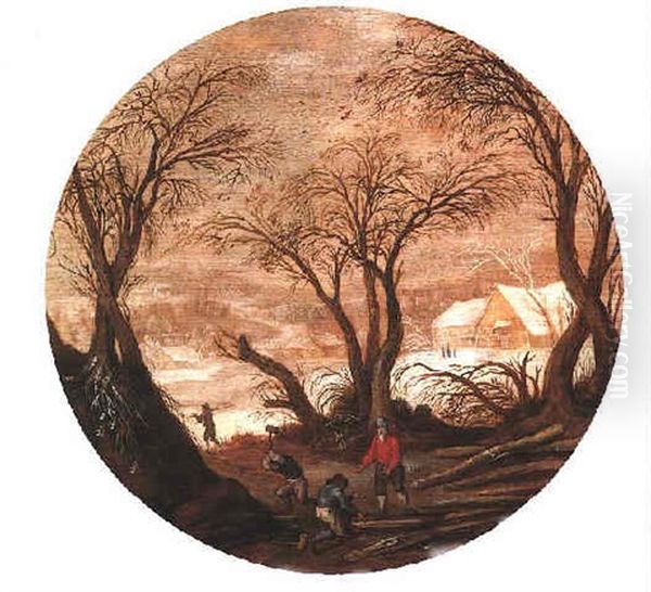 A Winter Landscape With Woodcutters Chopping Firewood Oil Painting by Frans de Momper