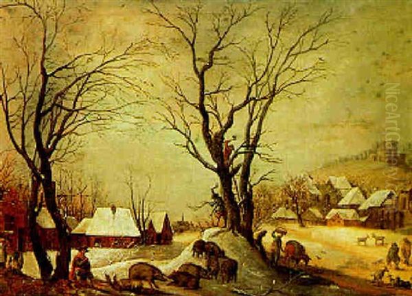 Peasants Cutting Wood In A Winter Landscape With Wild Boar And Goats Nearby Oil Painting by Frans de Momper