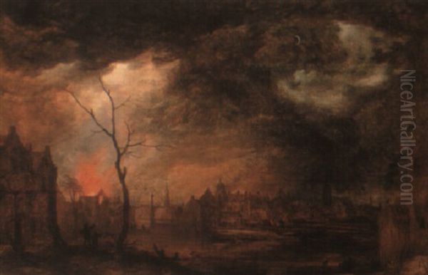 A Moonlit Townscape With A House On Fire Oil Painting by Frans de Momper