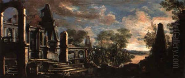 Classical Ruins By A Lake Oil Painting by Frans de Momper