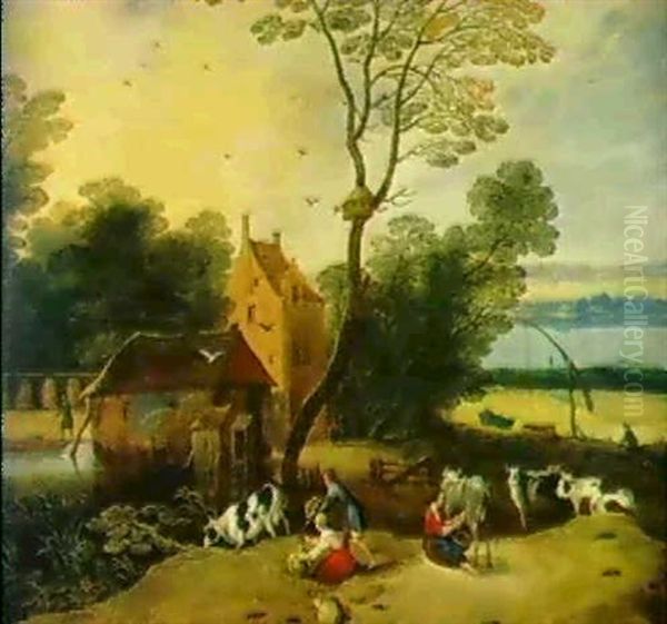 Flusslandschaft Mit Einem Gutshof Und Bauern Und Kuhen Oil Painting by Frans de Momper