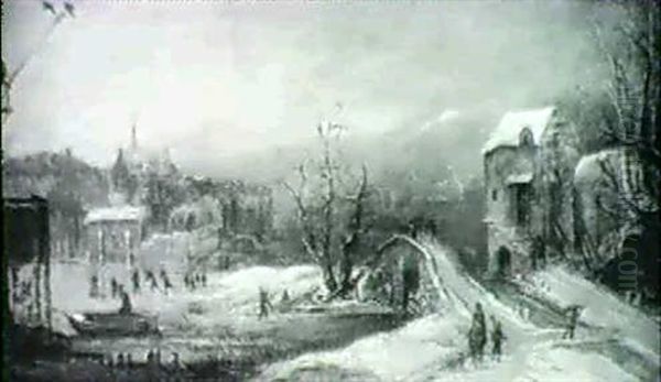 A Winter Landscape With Skaters On A Pond And Travellers    Along A Bridge Oil Painting by Frans de Momper