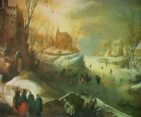 Paysage D'hiver Anime De Patineurs, Avec Ville Et Arriere - Plan Oil Painting by Frans de Momper