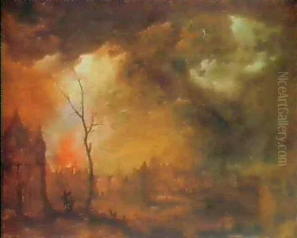 A Moonlight Landscape With A House On Fire Oil Painting by Frans de Momper