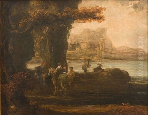 La Halte De Cavaliers Pres D'une Grotte Et D'une Riviere Oil Painting by Jan de Momper