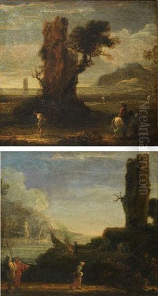 Paysage Aux Pecheurs (+ Paysage Aux Voyageurs; Pair) Oil Painting by Jan de Momper