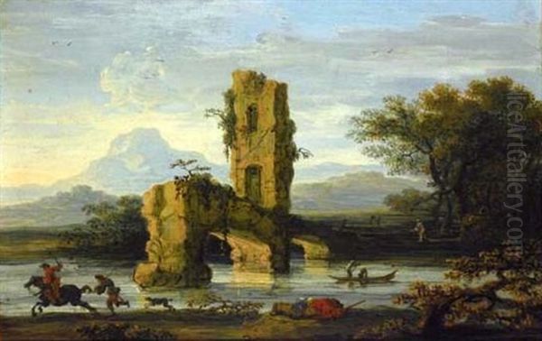 Italianate River Landscape With A Rider And A Ruined Bridge Oil Painting by Jan de Momper