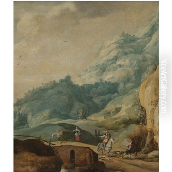 A Mountainous Landscape With A Cavalier And A Huntsman In The Foreground Oil Painting by Jan de Momper