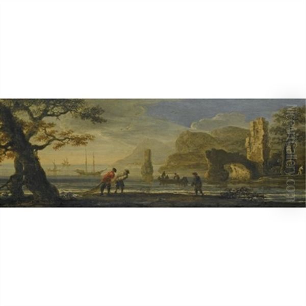 An Italianate Coastal Landscape With Fishermen Hauling In Their Nets Oil Painting by Jan de Momper