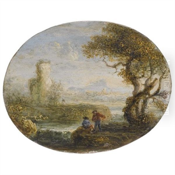 An Italianate River Landscape With Two Figures Fishing Oil Painting by Jan de Momper