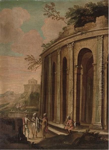 A Landscape With Orientals By A Classical Ruin, Travellers Beyond Oil Painting by Jan de Momper