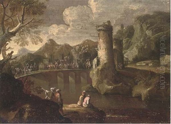 A Mountainous Landsape With A Caravan Crossing A Turretted Bridge, Anglers In The Foreground Oil Painting by Jan de Momper