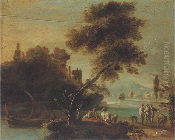 A Wooded River Landscape With Figures Resting By A River Bank, Classical Ruins Beyond Oil Painting by Jan de Momper