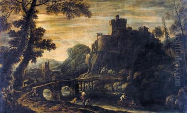 A Rocky River Landscape With Fishermen And Other Figures By A Bridge, A Castle And Village Beyond Oil Painting by Jan de Momper