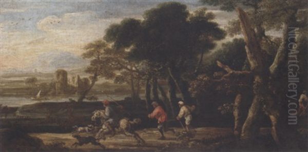 A Wooded River Landscape With A Stag Hunt Oil Painting by Jan de Momper