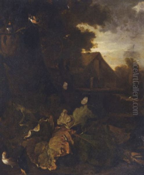 A Forest Floor Still Life With A Chaffinch, A Swallow And Other Birds And Butterflies, A Landscape With A Farmhouse Beyond Oil Painting by Jan de Momper