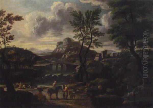 An Italianate Landscape, With Figures Resting Before A River, A Town Beyond Oil Painting by Jan de Momper