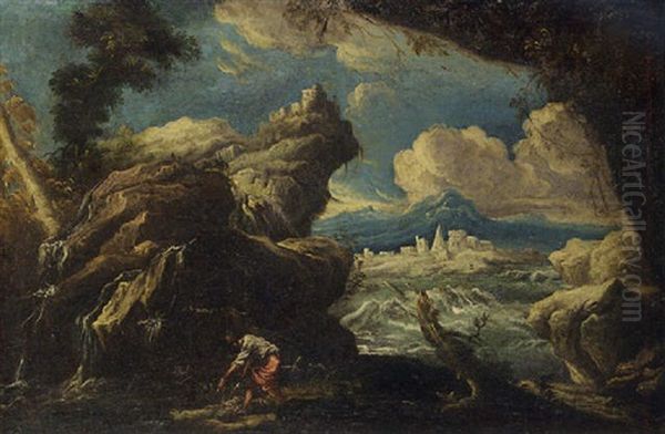 A Fisherman Drawing In His Net In A Mountainous River Landscape by Jan de Momper