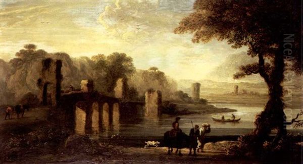 An Italianate River Landscape With Travellers By A Stone Bridge, Mountains Beyond Oil Painting by Jan de Momper