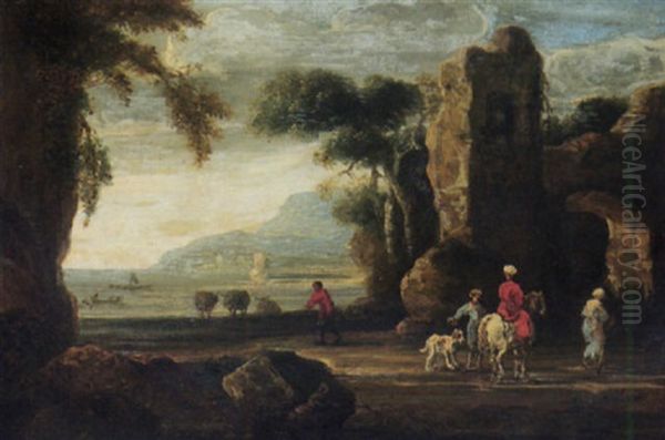 An Italianate Coastal Landscape With Travellers In The Foreground Oil Painting by Jan de Momper