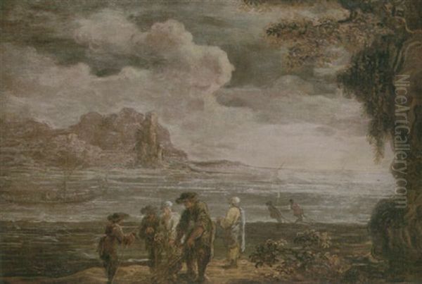 A Coastal Landscape With Fishermen Drawing In Their Nets Oil Painting by Jan de Momper