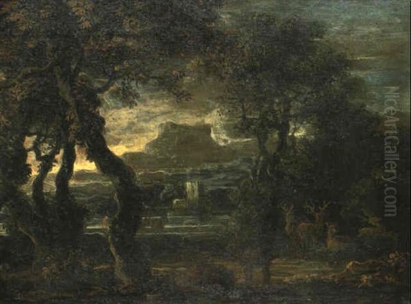 Cerfs Dans Une Foret Au Bord D'un Lac Oil Painting by Jan de Momper