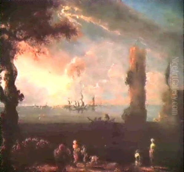 Paesaggio Marittimo Con Imbarcazioni, Ruderi E Figure Oil Painting by Jan de Momper