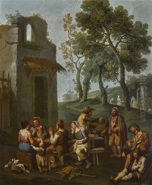 A Landscape With Peasants Sitting And Drinking By A Ruined House Oil Painting by Paolo Monaldi