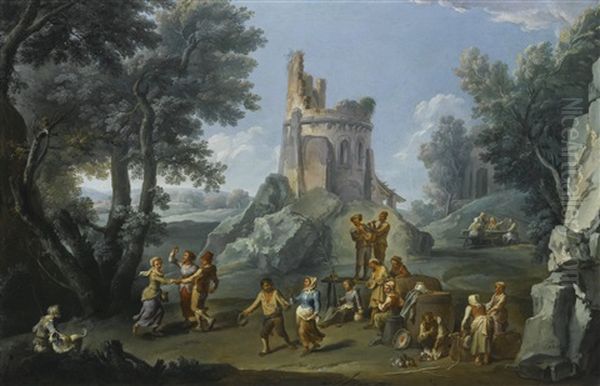 Rome, A View Of The Sedia Del Diavolo With Peasants Making Merry Oil Painting by Paolo Monaldi