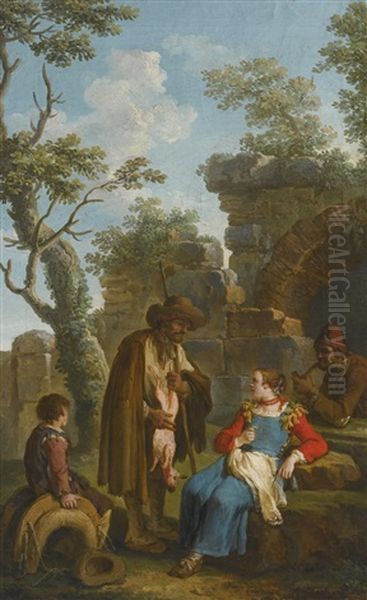 A Woman Buying A Kid Goat From A Shepherd, With A Boy Sitting On A Saddle And A Man Smoking A Pipe, By A Ruin Oil Painting by Paolo Monaldi